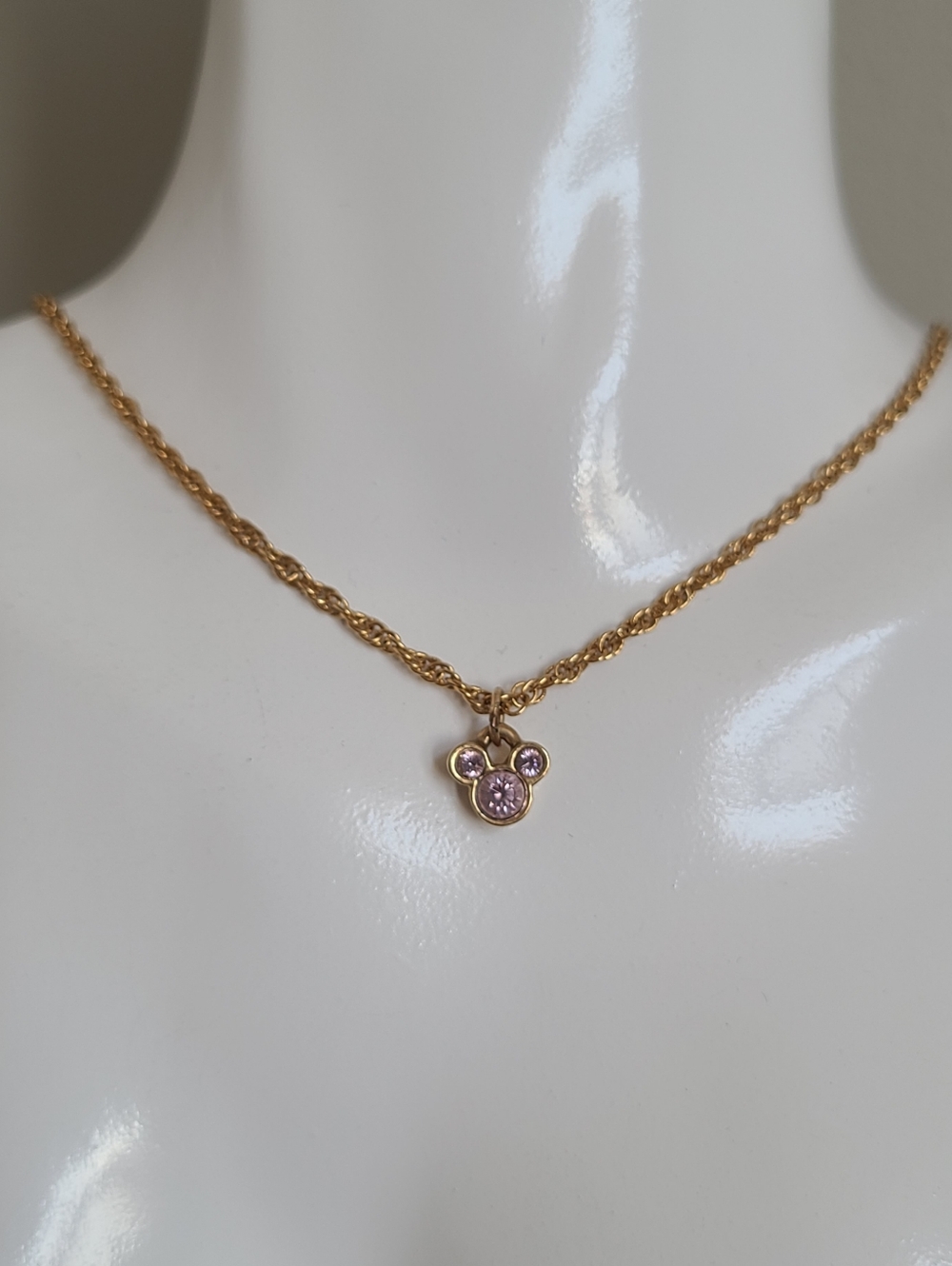 DISNEY Minnie Mouse Pink Crystal Rhinestone Gold Plated Twist Chain Necklace